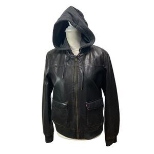 Levi Strauss Brown Faux Leather Jacket Hooded Womans Large Sherpa quilted zip‎